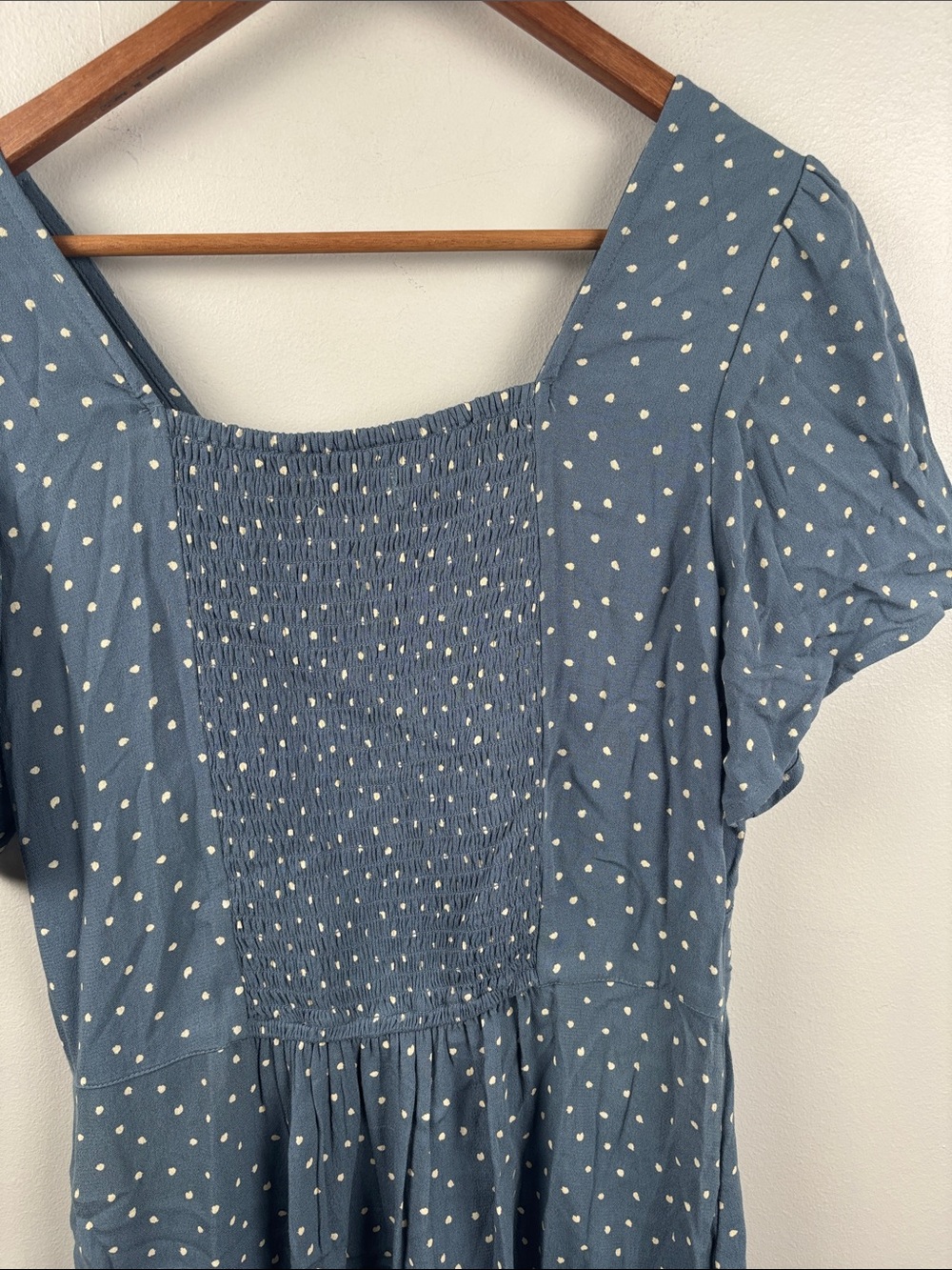Abercrombie & Fitch Blue Polka Dot Mini Dress ruching pleated skirt size Medium - Picture 9 of 9